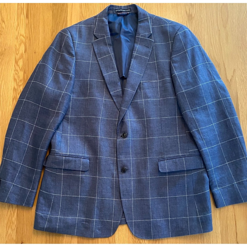 Tommy Hilfiger Blue Linen Windowpane Sport Coat Blazer Jacket Mens 46R